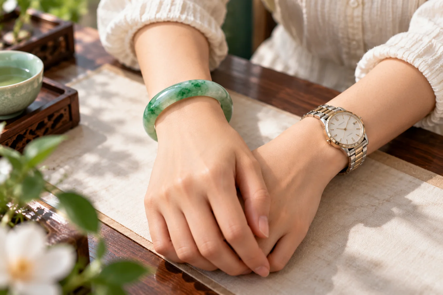 Two wrists side by side: a green jadeite bangle on one wrist and a metal watch on the other