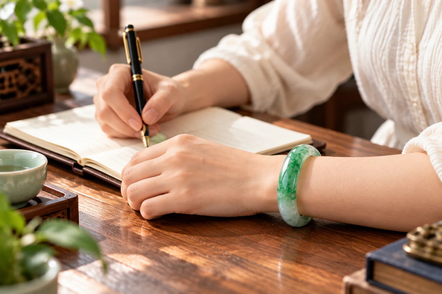 A green jadeite bangle on a woman's left wrist resting on the table while her right hand writes in a notebook
