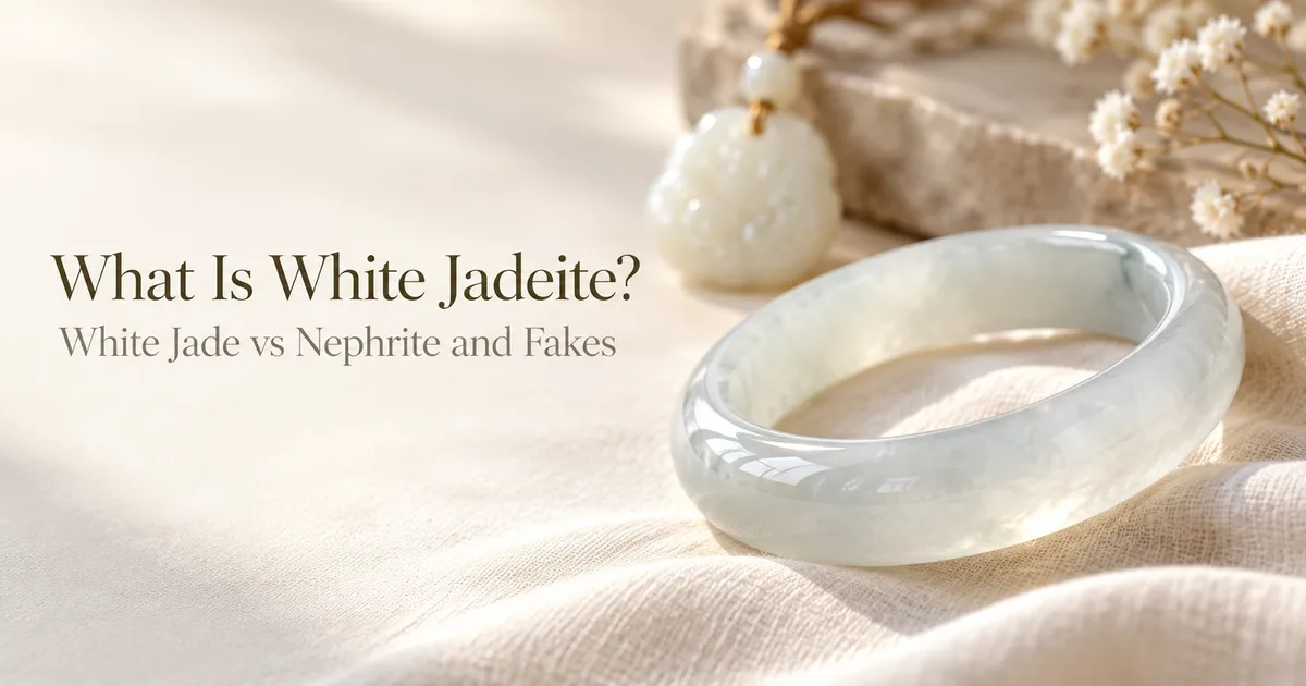 A translucent icy-white jadeite bangle in sharp focus on ivory linen, with a creamy white nephrite pendant softly out of focus behind it in soft daylight