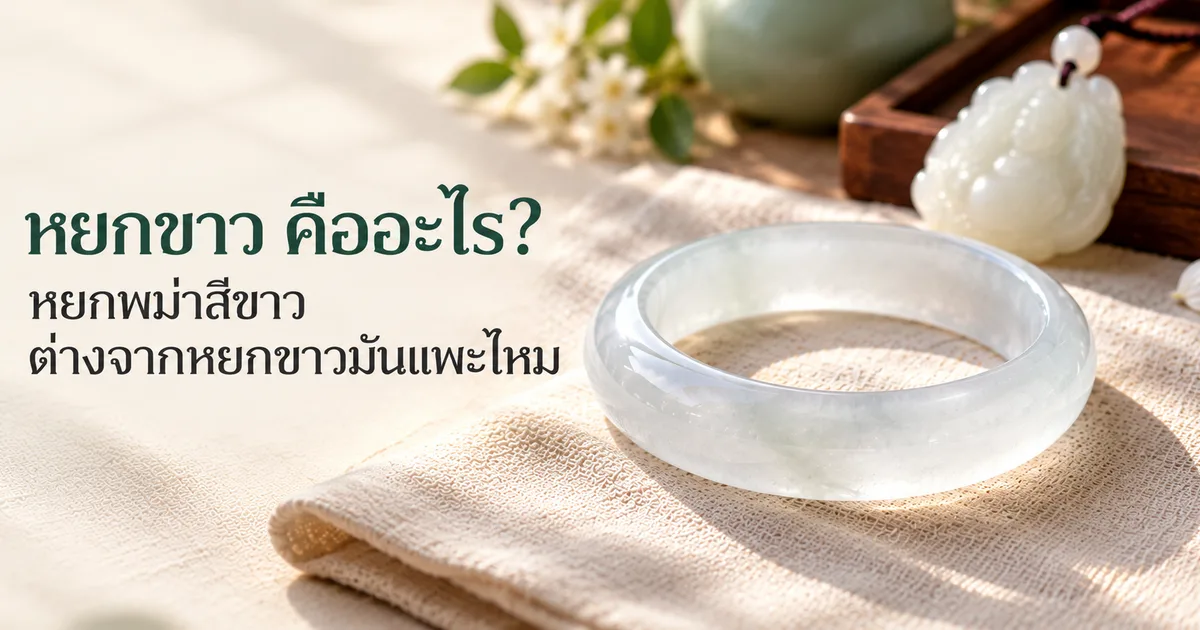 กำไลหยกพม่าขาวใสแบบน้ำแข็งคมชัดอยู่ด้านหน้าบนผ้าลินินสีงาช้าง ด้านหลังเป็นจี้หยกขาวมันแพะที่เบลอนุ่ม ในแสงธรรมชาติอ่อน ๆ