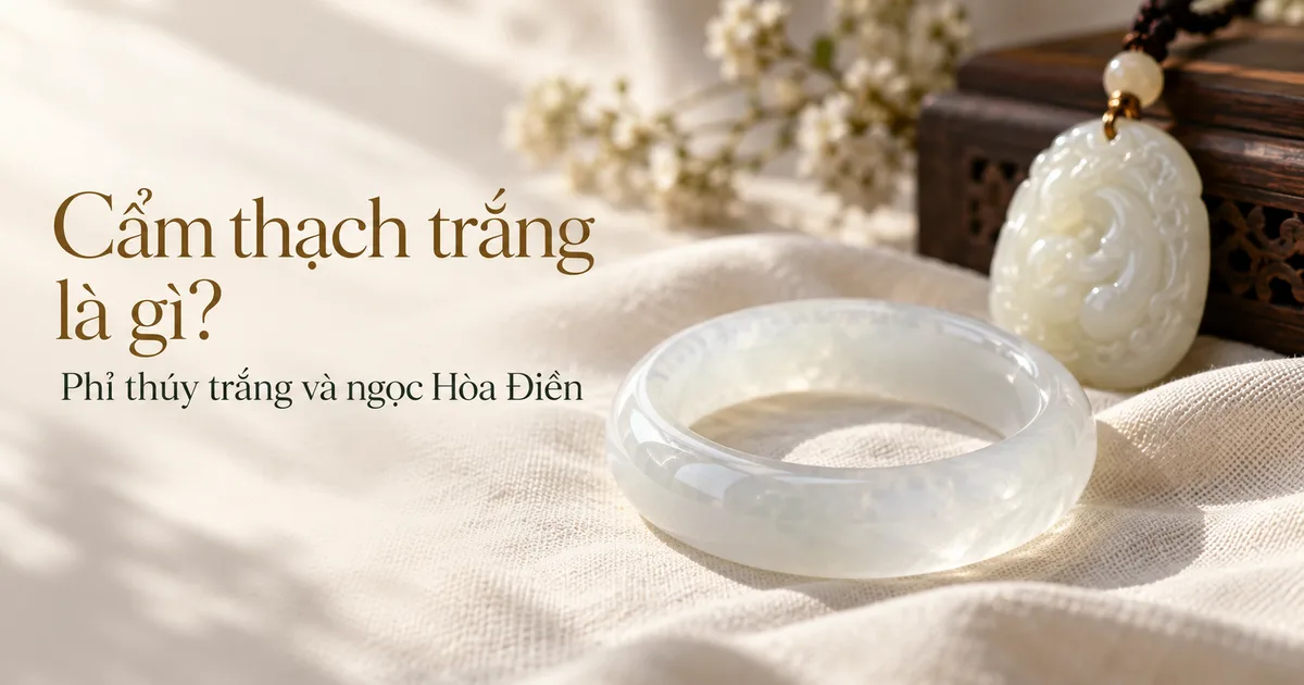Vòng cẩm thạch băng trắng trong nét ở phía trước trên vải lanh màu ngà, phía sau là mặt dây ngọc trắng mỡ cừu mờ nhòe dưới ánh sáng tự nhiên dịu
