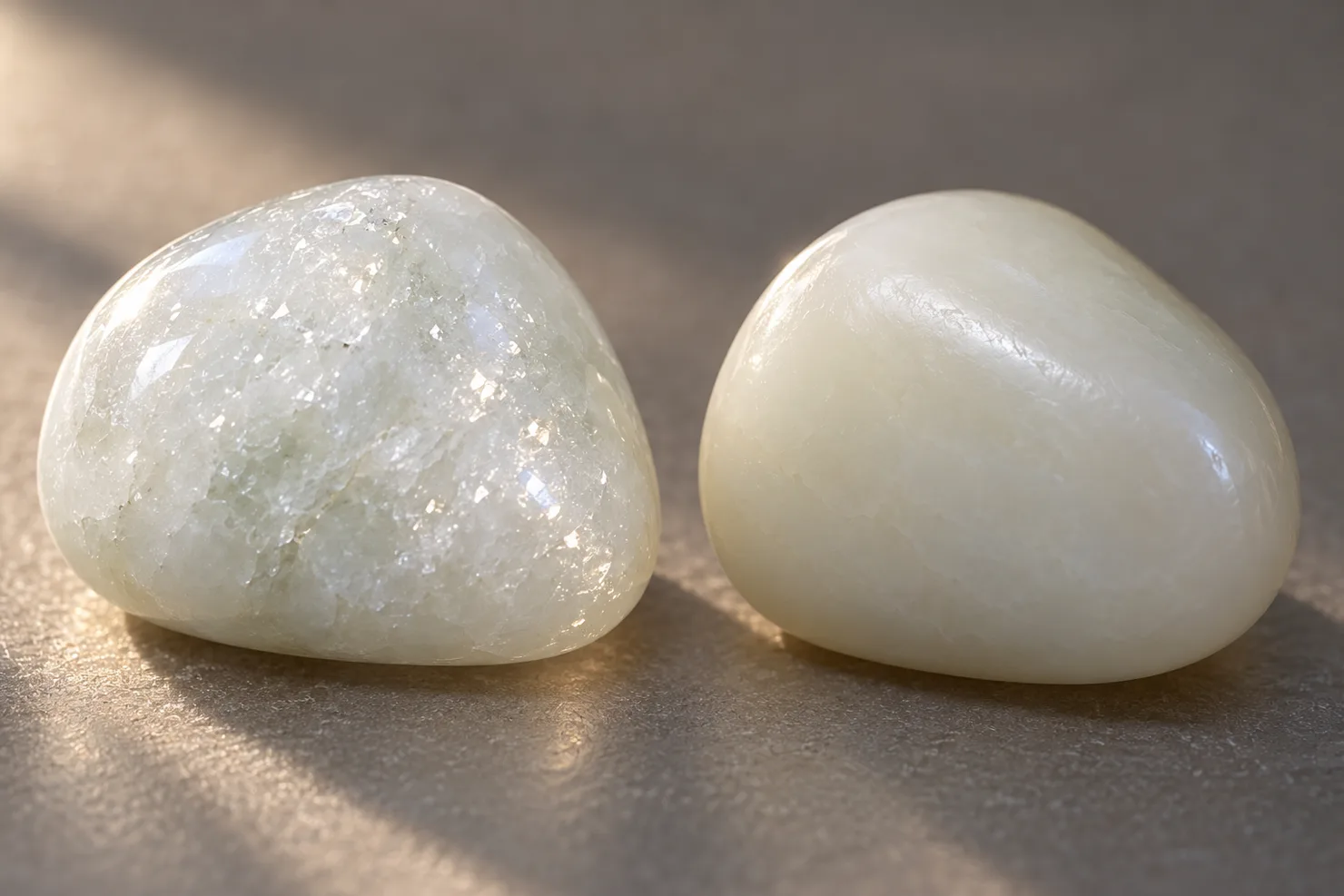 Close-up of two polished white stones under a low-angle light: on the left a jadeite surface with tiny glinting crystal flashes, on the right a nephrite surface with a soft, even, oily sheen