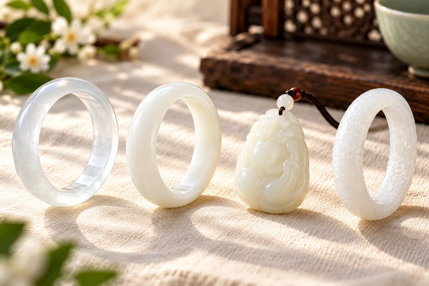 Four white pieces in a row on ivory linen: a translucent icy-white jadeite bangle, an opaque milky-white jadeite bangle, a creamy white nephrite pendant and a white quartzite bangle