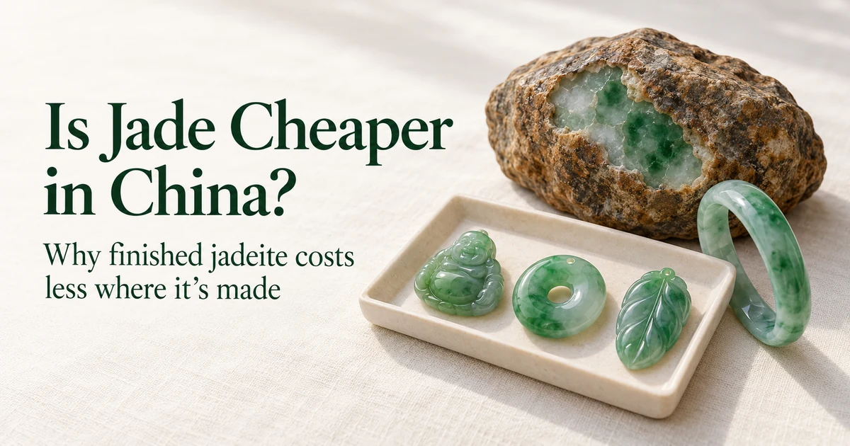 A rough jadeite boulder with a polished window beside a tray of finished green jadeite pendants (a laughing Buddha, a donut and a leaf) and a bangle on ivory linen in soft daylight