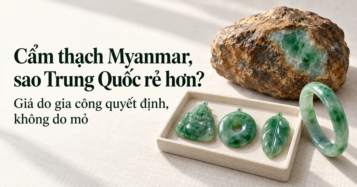 Một khối cẩm thạch thô có cửa sổ mài bóng bên cạnh khay mặt dây phỉ thúy xanh thành phẩm (Phật Di Lặc, đồng điếu, chiếc lá) và một chiếc vòng trên nền vải lanh màu ngà, ánh sáng ban ngày dịu