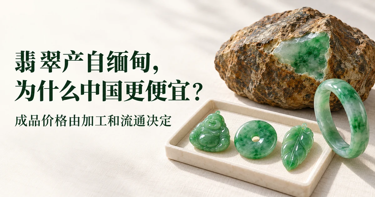 米白色亚麻布上,一块开了抛光窗口的翡翠原石,旁边是一盘绿色翡翠成品挂件(佛公、平安扣、叶子)和一只手镯,柔和的日光