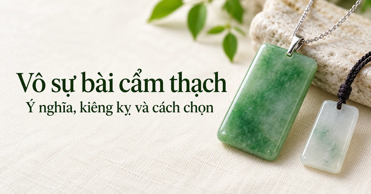 Một mặt dây vô sự bài cẩm thạch xanh trơn, bo góc, gắn móc vàng trắng 18K nhỏ trên dây chuyền mảnh, đặt trên vải lanh màu ngà cạnh một tấm bài nhỏ màu nhạt đeo dây dù tối màu, ánh sáng tự nhiên dịu