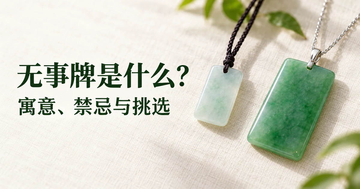 米白色亚麻布上,一块四角圆润、配 18K 白金小扣头的素面绿色翡翠无事牌挂在细链上,旁边是一块挂深色编织绳的浅色小无事牌,柔和的自然光